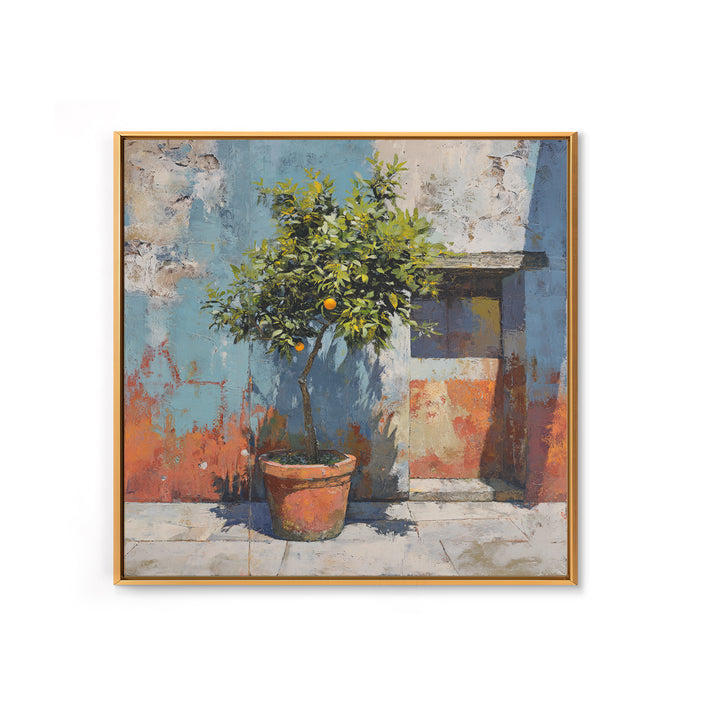 Orange Tree in a Courtyard Planter Framed Canvas Print, Italian Villa Art, Digital Download Art, Living Room Decor, Villa, IVA-1x1-62