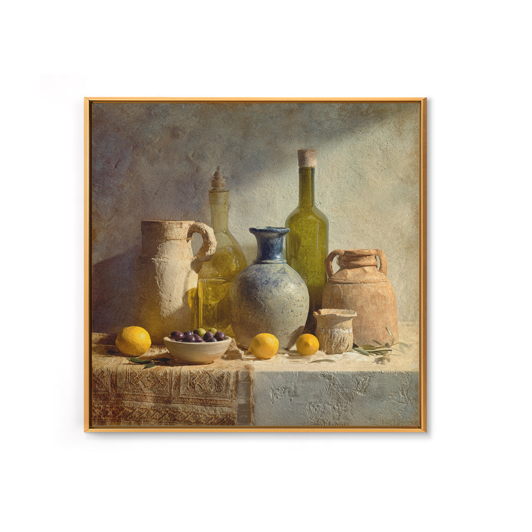 White Wine and Olives Still Life Framed Canvas Print, Italian Villa Art, Farmhouse Wall Art, Living Room Decor, Fine Art, Villa, IVA-1x1-64