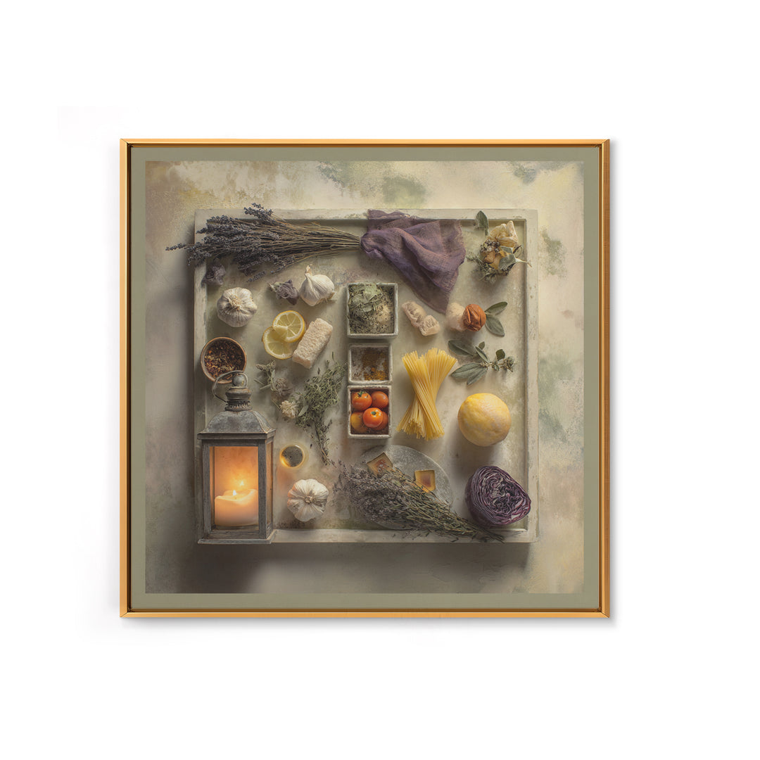 Pasta Herbs and Tomatoes Still Life Framed Canvas Print, Italian Villa Art, Digital Art Print, Living Room Decor, Villa, IVA-1x1-67