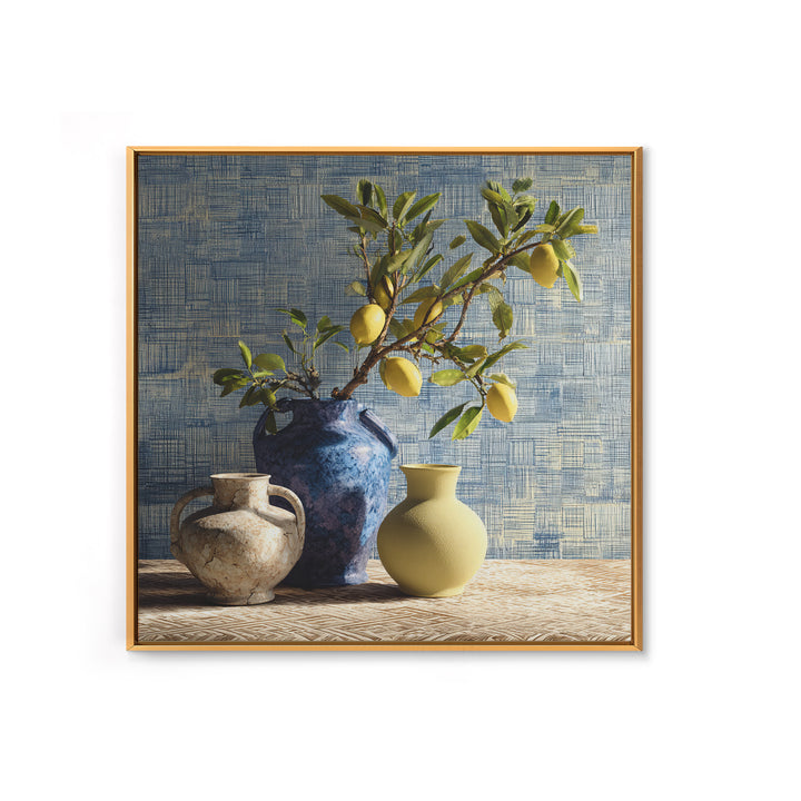 Lemon Branch in Blue Ceramic Vase Framed Canvas Print, Italian Villa Art, Gallery Wall Set, Living Room Decor, Watercolor Art, IVA-1x1-74