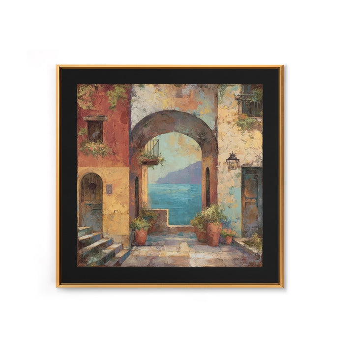 Mediterranean Arch Framing Blue Sea Framed Canvas Print, Italian Villa Art, Home Decor, Living Room Decor, Fine Art, Villa, IVA-1x1-80