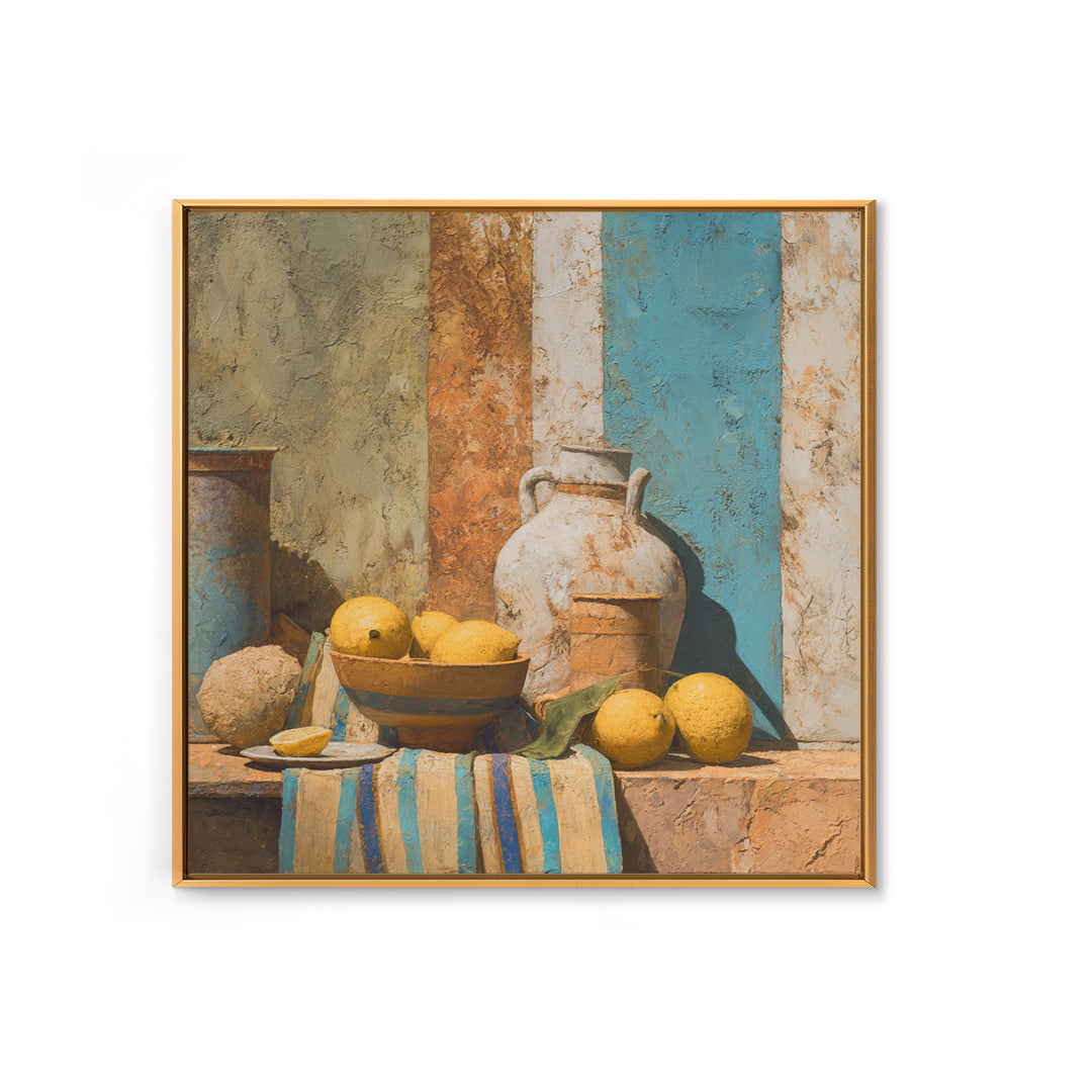 Coastal Lemons and Striped Cloth Arrangement Canvas Print, Italian Villa Art, Printable Wall Art, Living Room Decor, Villa, IVA-1x1-96