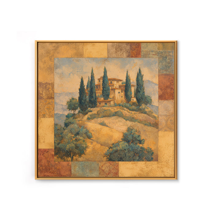 Tuscan Hillside with Cypress Trees and Golden Canvas Print, Italian Villa Art, Living Room Decor, Oil Painting, Villa, IVA-1x1-97