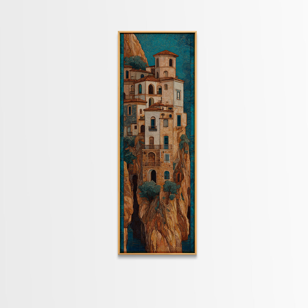 Amalfi Coast Cliffs Canvas Print, Italian Villa Art, Coastal Wall Art, Living Room Decor, Watercolor Art, Villa, IVA-1x3-1