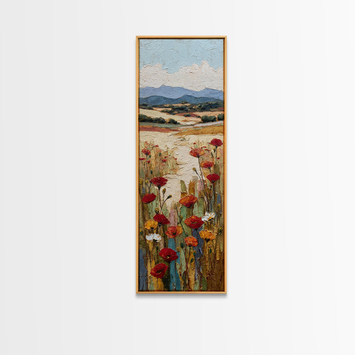Tuscan Poppy Field Framed Canvas Print, Italian Villa Art, Travel Poster, Living Room Decor, Watercolor Art, Villa, IVA-1x3-3