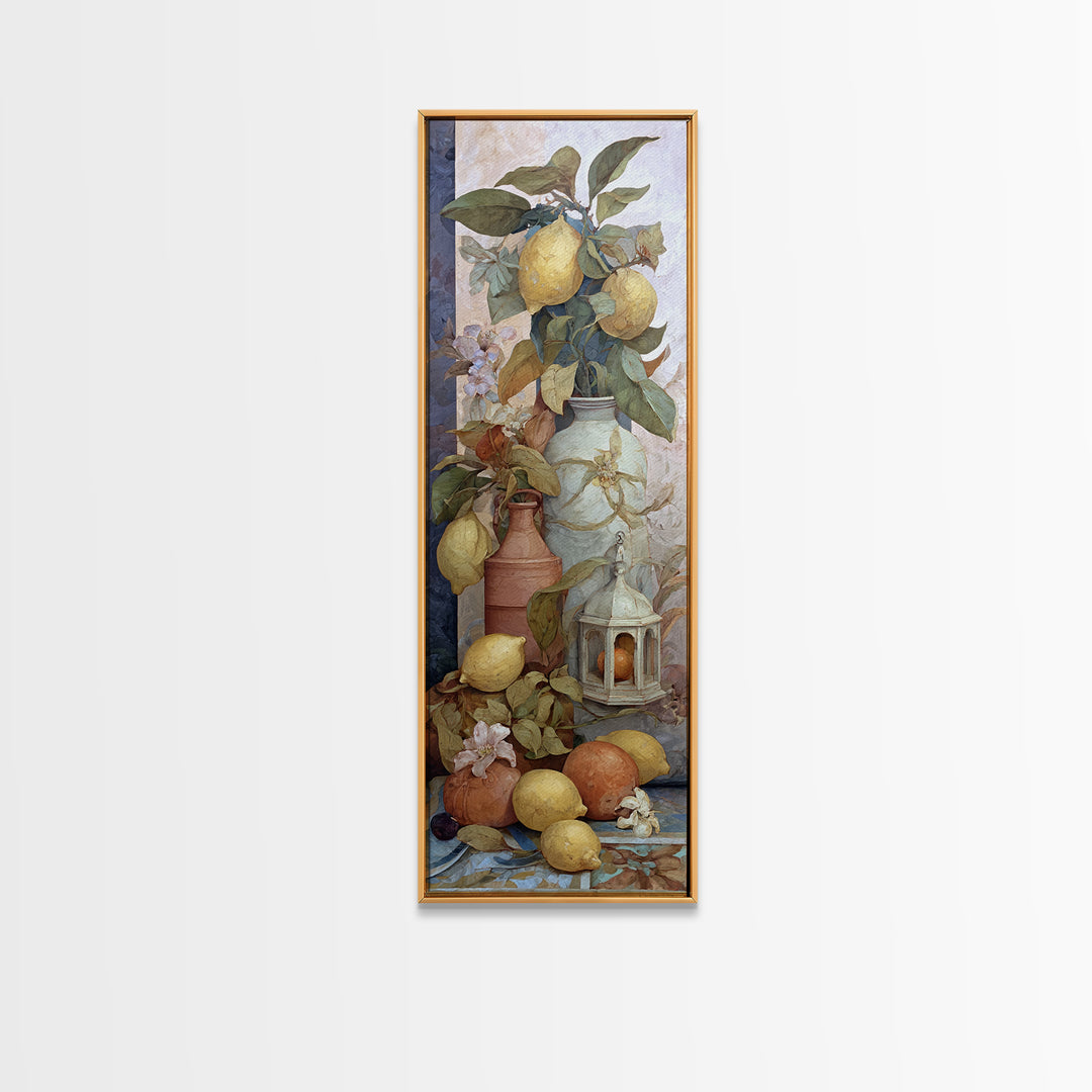 Coastal Lemons and Striped Cloth Arrangement Framed Canvas Print, Italian Villa Art, Landscape Print, Living Room Decor, Villa, IVA-1x3-36