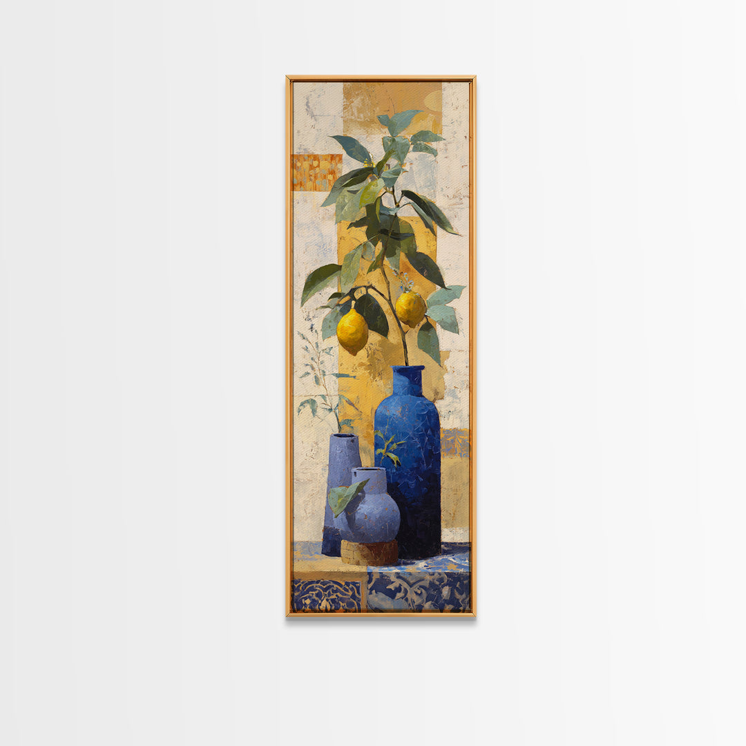 Lemon Branch in Blue Ceramic Vase Framed Canvas Print, Italian Villa Art, Gallery Wall Set, Living Room Decor, Oil Painting, IVA-1x3-62