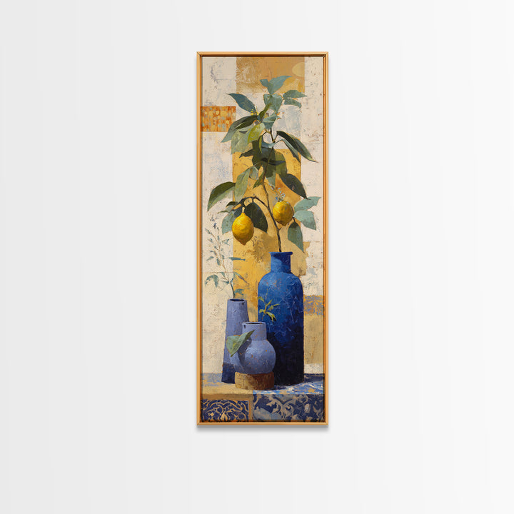 Lemon Branch in Blue Ceramic Vase Framed Canvas Print, Italian Villa Art, Gallery Wall Set, Living Room Decor, Oil Painting, IVA-1x3-62