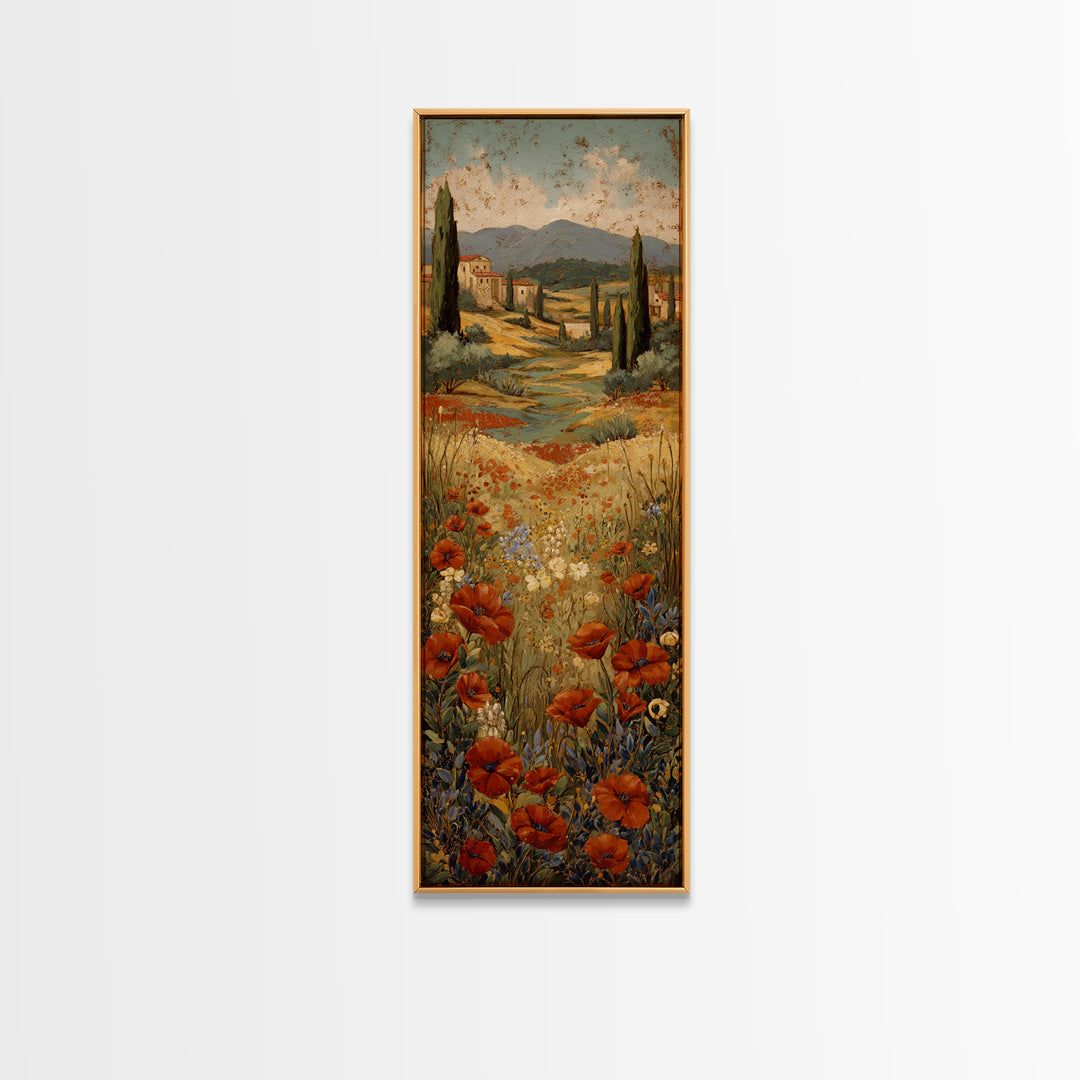 Tuscan Poppy Field Framed Canvas Print, Italian Villa Art, Printable Wall Art, Living Room Decor, Villa, Coastal Wall Art, IVA-1x3-75