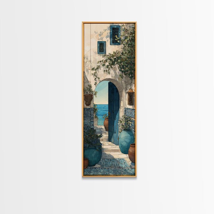 Mediterranean Arch Framing Blue Sea Framed Canvas Print, Italian Villa Art, Contemporary Art, Living Room Decor, Villa, IVA-1x3-92