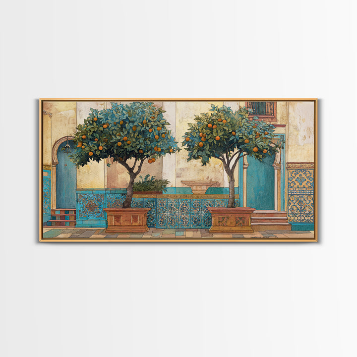 Orange Tree in a Courtyard Planter Framed Canvas Print, Italian Villa Art, Home Decor, Living Room Decor, Fine Art, Villa, IVA-2x1-10
