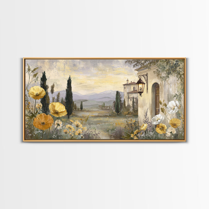 Tuscan Poppy Field Framed Canvas Print, Italian Villa Art, Landscape Painting, Living Room Decor, Villa, Digital Art Print, IVA-2x1-11