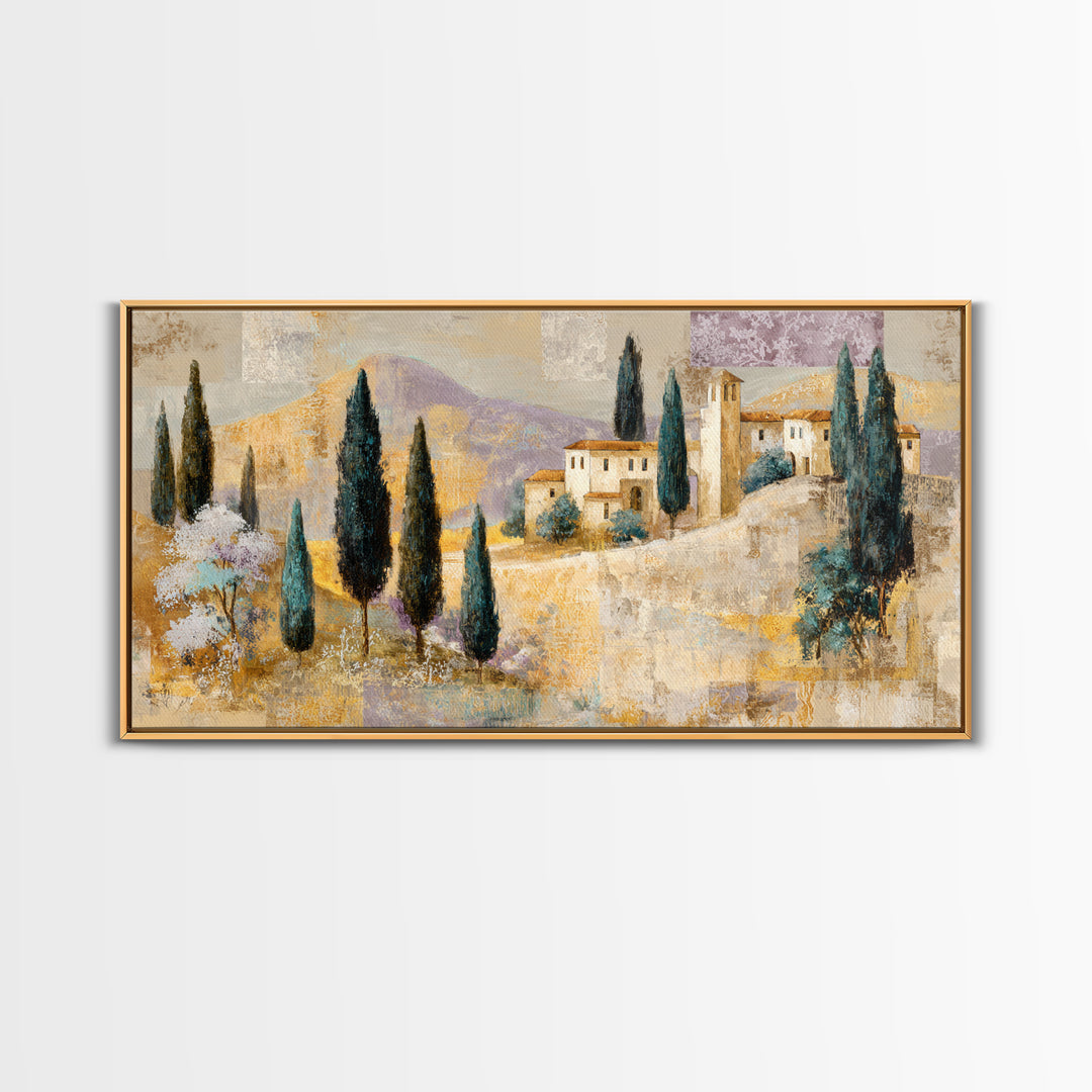 Tuscan Hillside with Cypress Trees and Golden Canvas Print, Italian Villa Art, Living Room Decor, Oil Painting, Villa, IVA-2x1-21