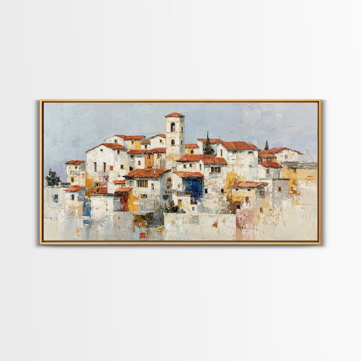 Terracotta Rooftops Against Pale Sky Framed Canvas Print, Italian Villa Art, Room Decor, Living Room Decor, Fine Art, Villa, IVA-2x1-24