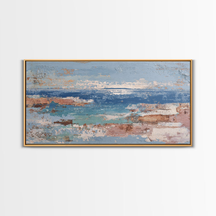 Mediterranean Arch Framing Blue Sea Framed Canvas Print, Italian Villa Art, Textured Painting, Living Room Decor, Villa, IVA-2x1-28