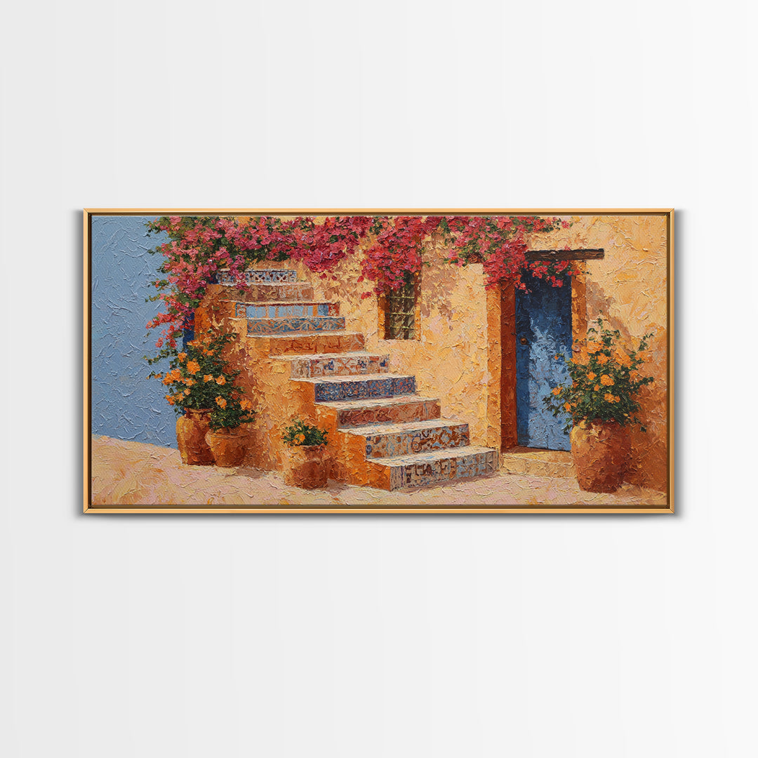 Sunlit Stone Stairway Canvas Print, Italian Villa Art, Original Painting, Living Room Decor, Villa, Landscape Painting, IVA-2x1-31