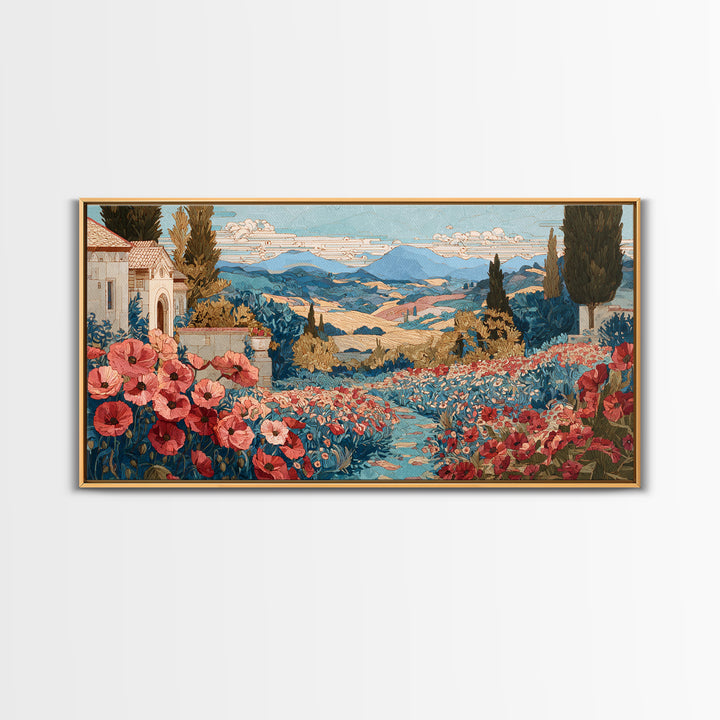 Tuscan Poppy Field Framed Canvas Print, Italian Villa Art, Boho Decor, Living Room Decor, Oil Painting, Villa, Digital Wall Art, IVA-2x1-35