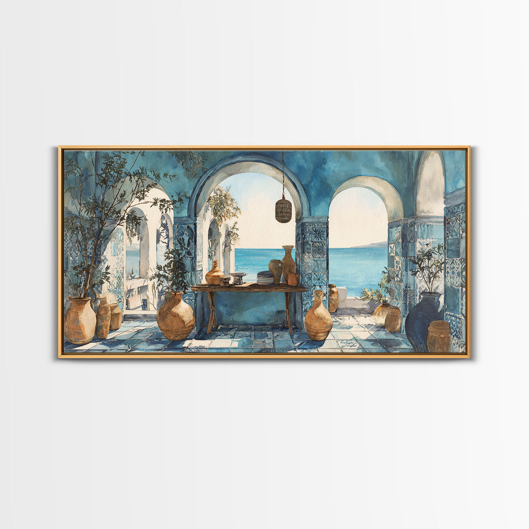 Mediterranean Arch Framing Blue Sea Canvas Print, Italian Villa Art, Statement Artwork, Living Room Decor, Fine Art, Villa, IVA-2x1-4