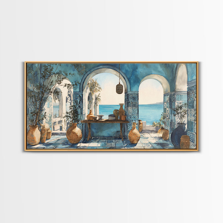 Mediterranean Arch Framing Blue Sea Canvas Print, Italian Villa Art, Statement Artwork, Living Room Decor, Fine Art, Villa, IVA-2x1-4