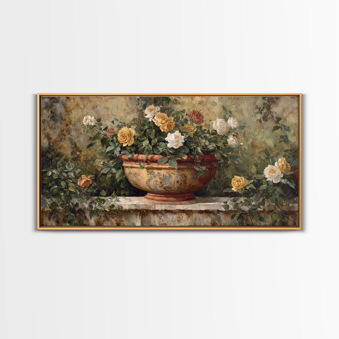 Italian Villa Garden Urn Framed Canvas Print, Italian Villa Art, Modern Decor, Living Room Decor, Oil Painting, Villa, IVA-2x1-50
