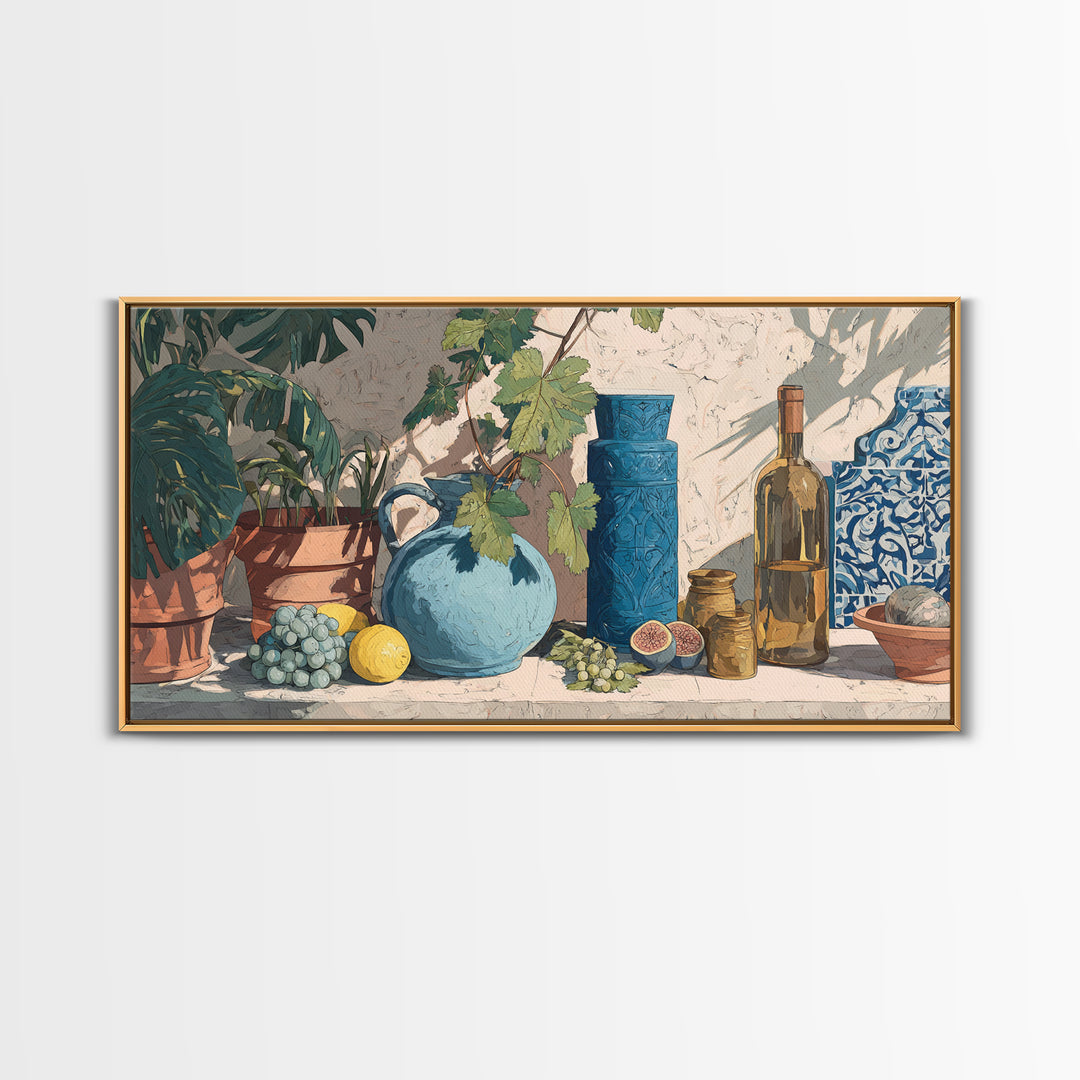 Grapevine and Wine Still Life on Linen Framed Canvas Print, Italian Villa Art, Printable Art, Living Room Decor, Abstract Art, IVA-2x1-51