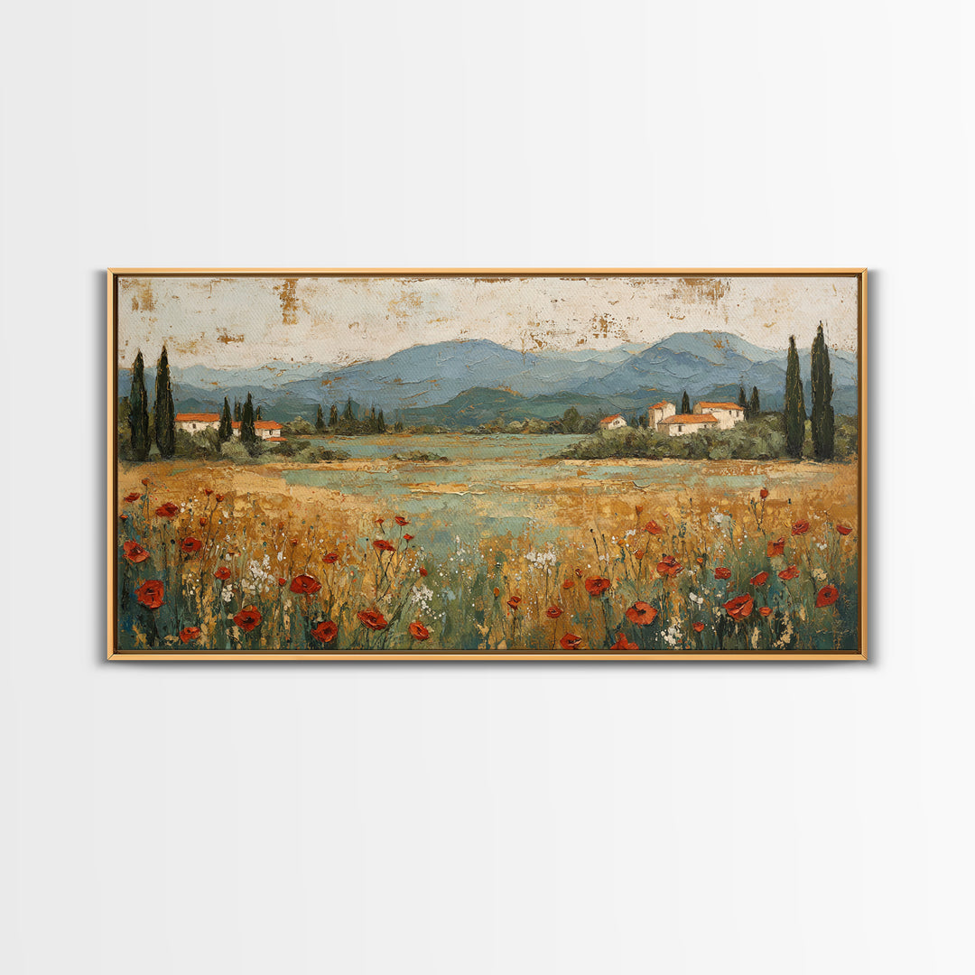 Tuscan Poppy Field Framed Canvas Print, Italian Villa Art, Landscape Painting, Living Room Decor, Watercolor Art, Villa, IVA-2x1-59