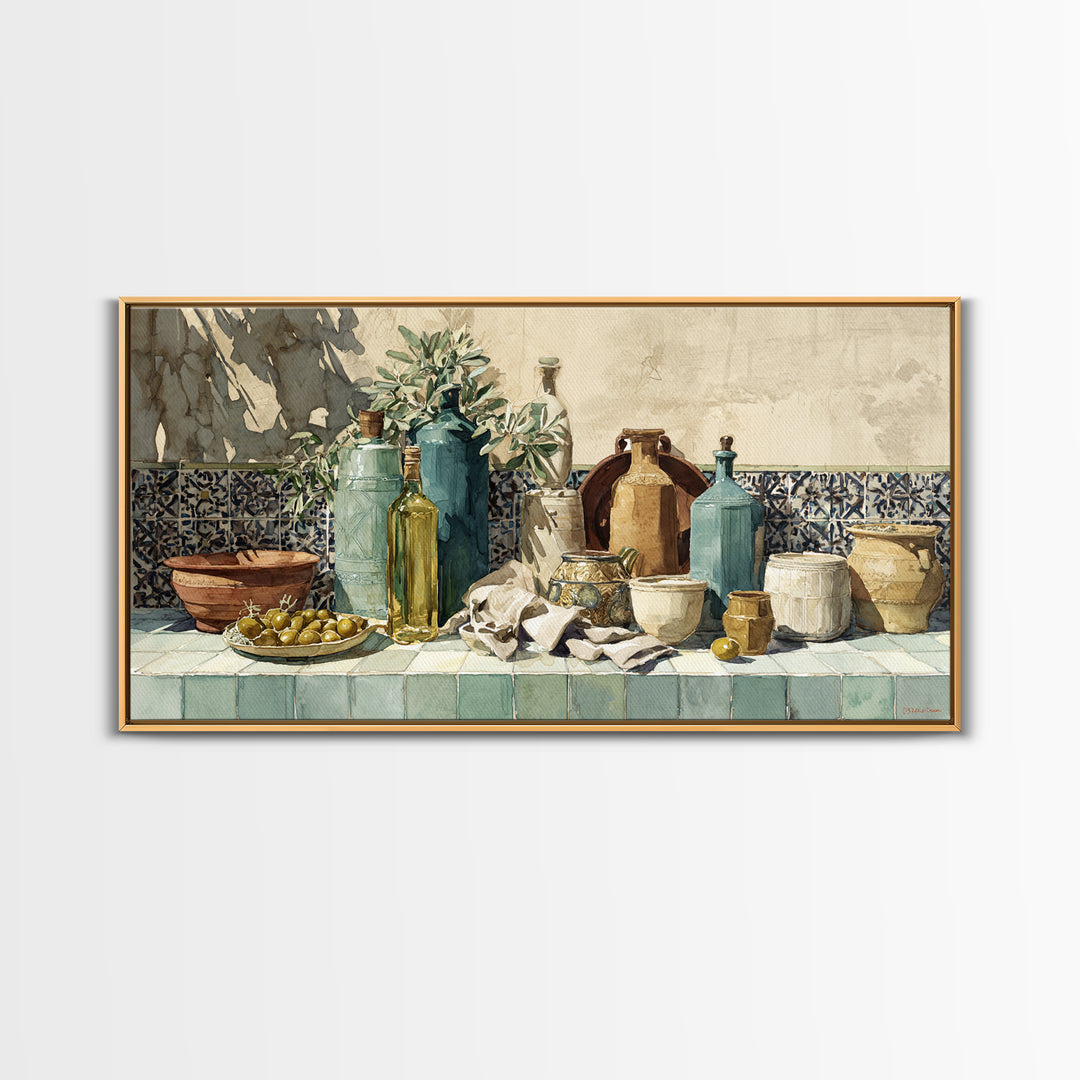 White Wine and Olives Still Life Framed Canvas Print, Italian Villa Art, Digital Wall Art, Living Room Decor, Oil Painting, IVA-2x1-60