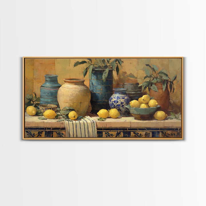 Coastal Lemons and Striped Cloth Arrangement Canvas Print, Italian Villa Art, Framed Wall Art, Living Room Decor, IVA-2x1-68