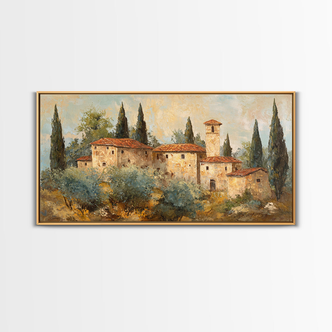 Tuscan Hillside with Cypress Trees and Golden Canvas Print, Italian Villa Art, Minimalist Decor, Living Room Decor, Villa, IVA-2x1-69