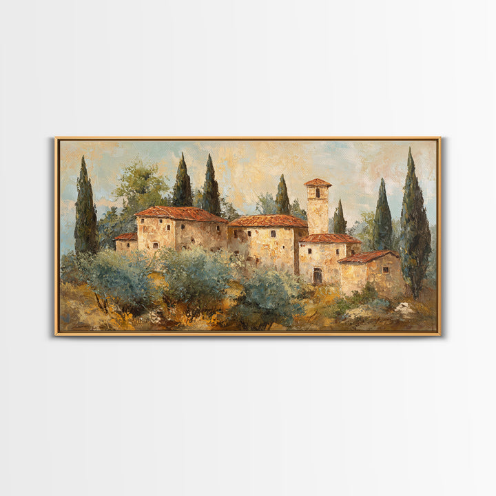 Tuscan Hillside with Cypress Trees and Golden Canvas Print, Italian Villa Art, Minimalist Decor, Living Room Decor, Villa, IVA-2x1-69