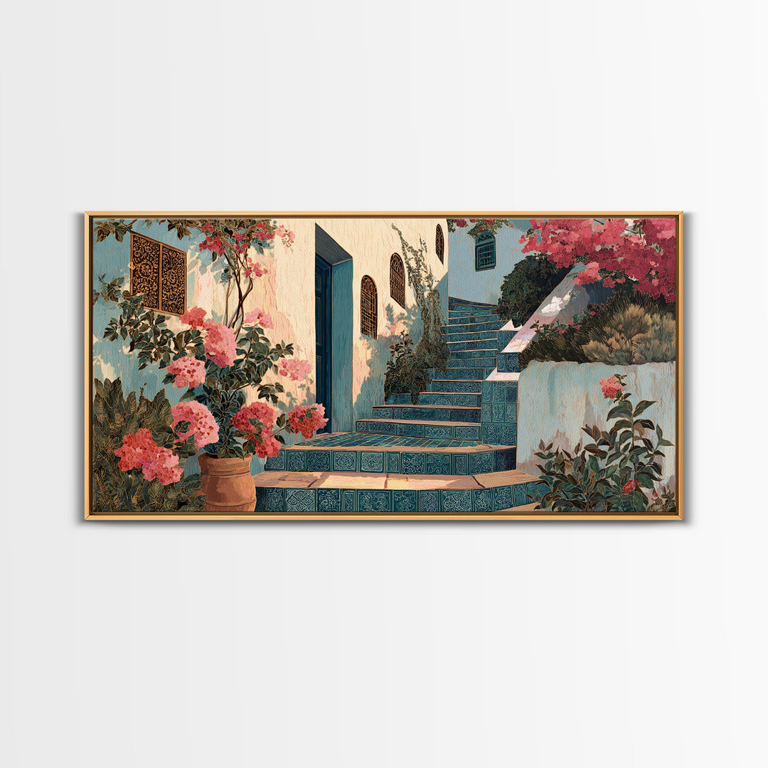 Sunlit Stone Stairway Framed Canvas Print, Italian Villa Art, Textured Painting, Living Room Decor, Villa, Bedroom Wall Art, IVA-2x1-7