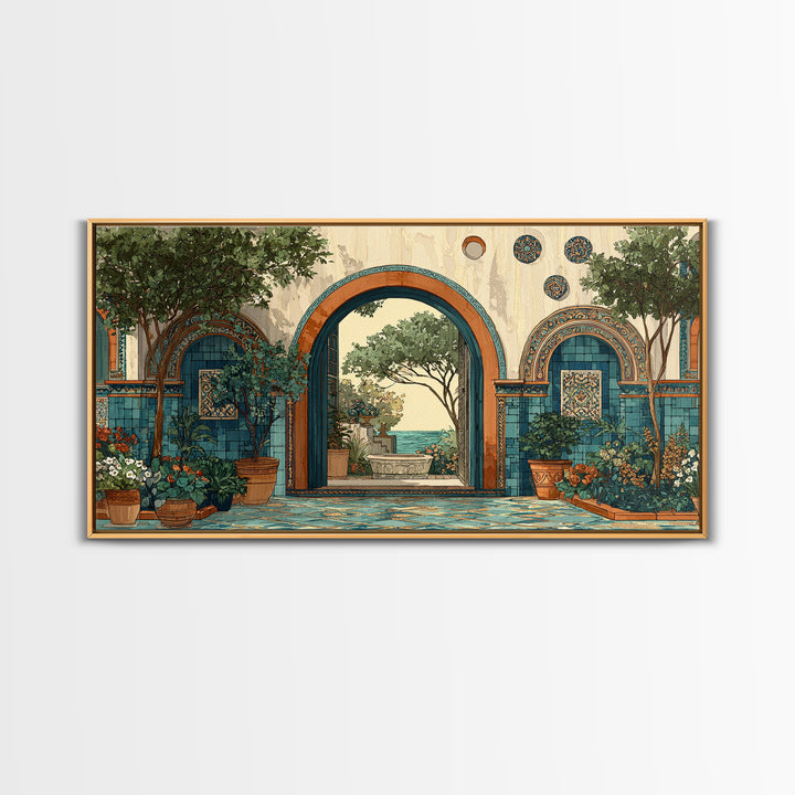 Mediterranean Arch Framing Blue Sea Canvas Print, Italian Villa Art, Coastal Decor, Living Room Decor, Fine Art, Villa, IVA-2x1-76