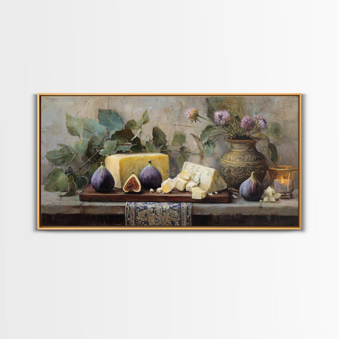 Figs and Cheese on Rustic Wooden Board Canvas Print, Italian Villa Art, Art Print, Living Room Decor, Oil Painting, Villa, IVA-2x1-77