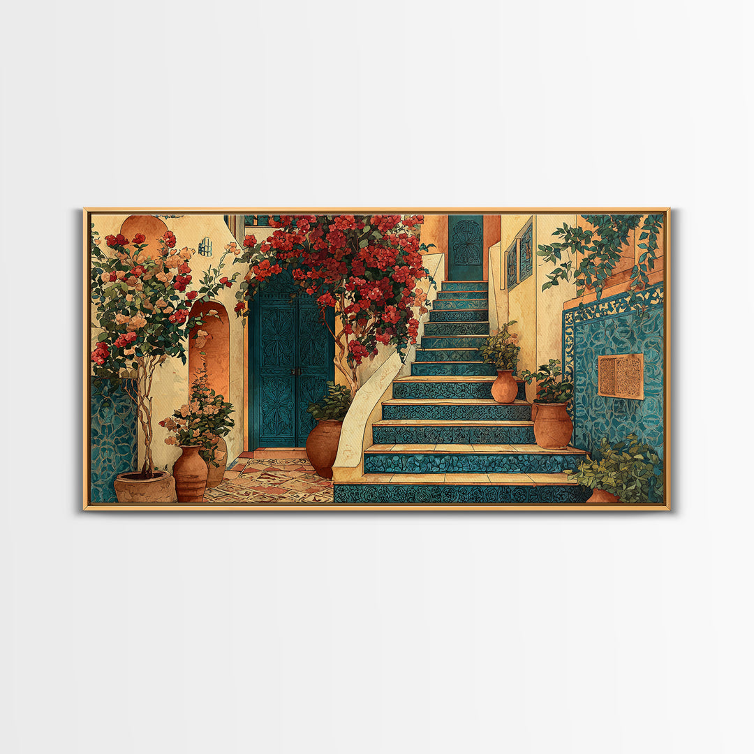 Sunlit Stone Stairway Framed Canvas Print, Italian Villa Art, Digital Download Art, Living Room Decor, Fine Art, Villa, IVA-2x1-79