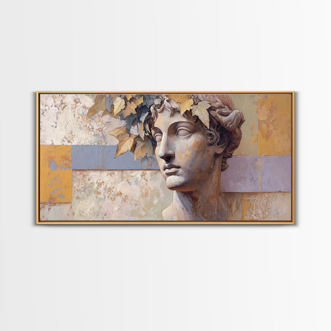 Classic Roman Statue Bust Framed Canvas Print, Italian Villa Art, Landscape Painting, Living Room Decor, Fine Art, Villa, IVA-2x1-80