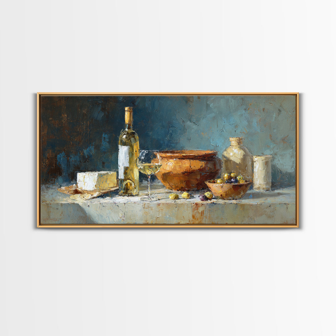 White Wine and Olives Still Life Framed Canvas Print, Italian Villa Art, Farmhouse Wall Art, Living Room Decor, Fine Art, Villa, IVA-2x1-84