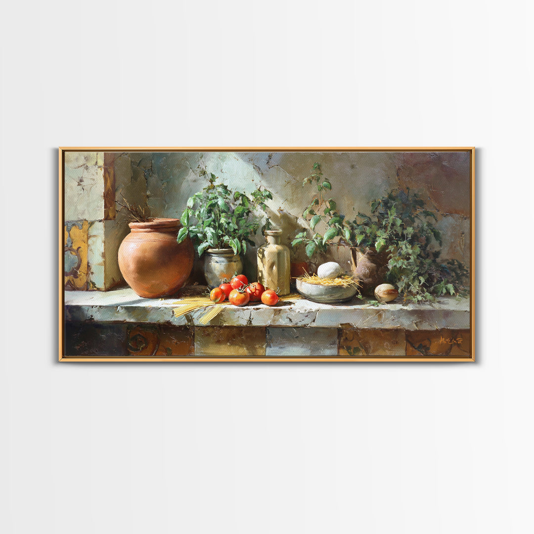 Pasta Herbs and Tomatoes Still Life Framed Canvas Print, Italian Villa Art, Farmhouse Wall Art, Living Room Decor, Villa, IVA-2x1-87