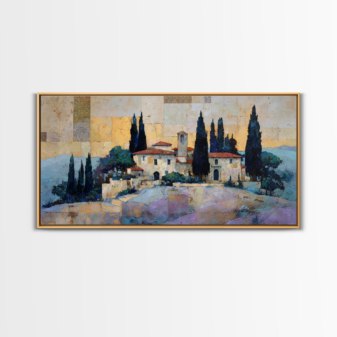 Tuscan Hillside with Cypress Trees and Golden Canvas Print, Italian Villa Art, Minimalist Decor, Living Room Decor, Villa, IVA-2x1-93