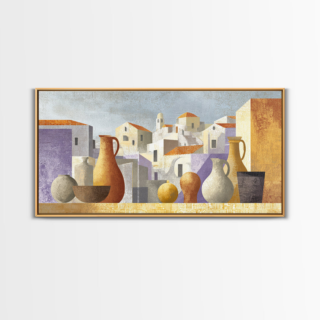 Terracotta Rooftops Against Pale Sky Framed Canvas Print, Italian Villa Art, Colorful Wall Art, Living Room Decor, Oil Painting, IVA-2x1-96