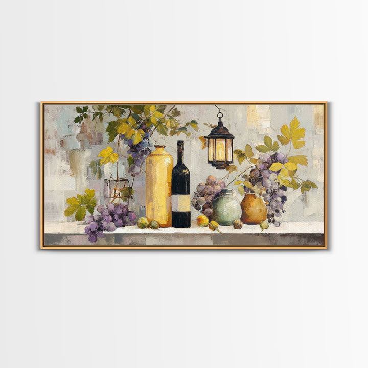 Grapevine and Wine Still Life on Linen Framed Canvas Print, Italian Villa Art, Printable Art, Living Room Decor, Abstract Art, IVA-2x1-99