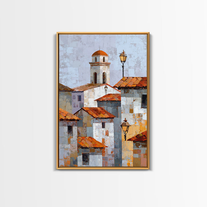 Terracotta Rooftops Against Pale Sky Framed Canvas Print, Italian Villa Art, Digital Art Print, Living Room Decor, Oil Painting, IVA-2x3-12