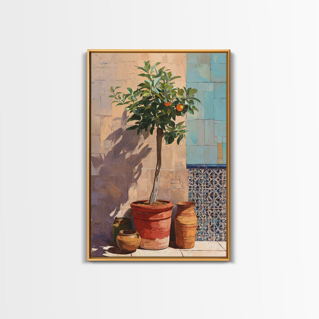 Orange Tree in a Courtyard Planter Framed Canvas Print, Italian Villa Art, Home Decor, Living Room Decor, Fine Art, Villa, IVA-2x3-22