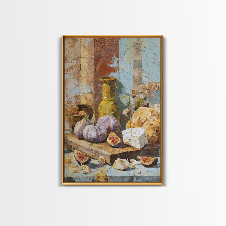 Figs and Cheese on Rustic Wooden Board Framed Canvas Print, Italian Villa Art, Modern Decor, Living Room Decor, Abstract Art, IVA-2x3-41