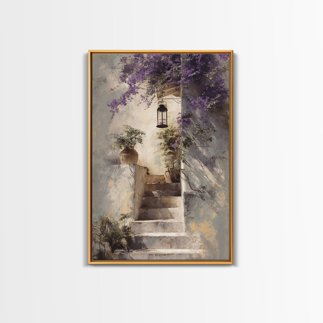 Sunlit Stone Stairway Framed Canvas Print, Italian Villa Art, Gallery Wall Set, Living Room Decor, Villa, Modern Decor, IVA-2x3-43