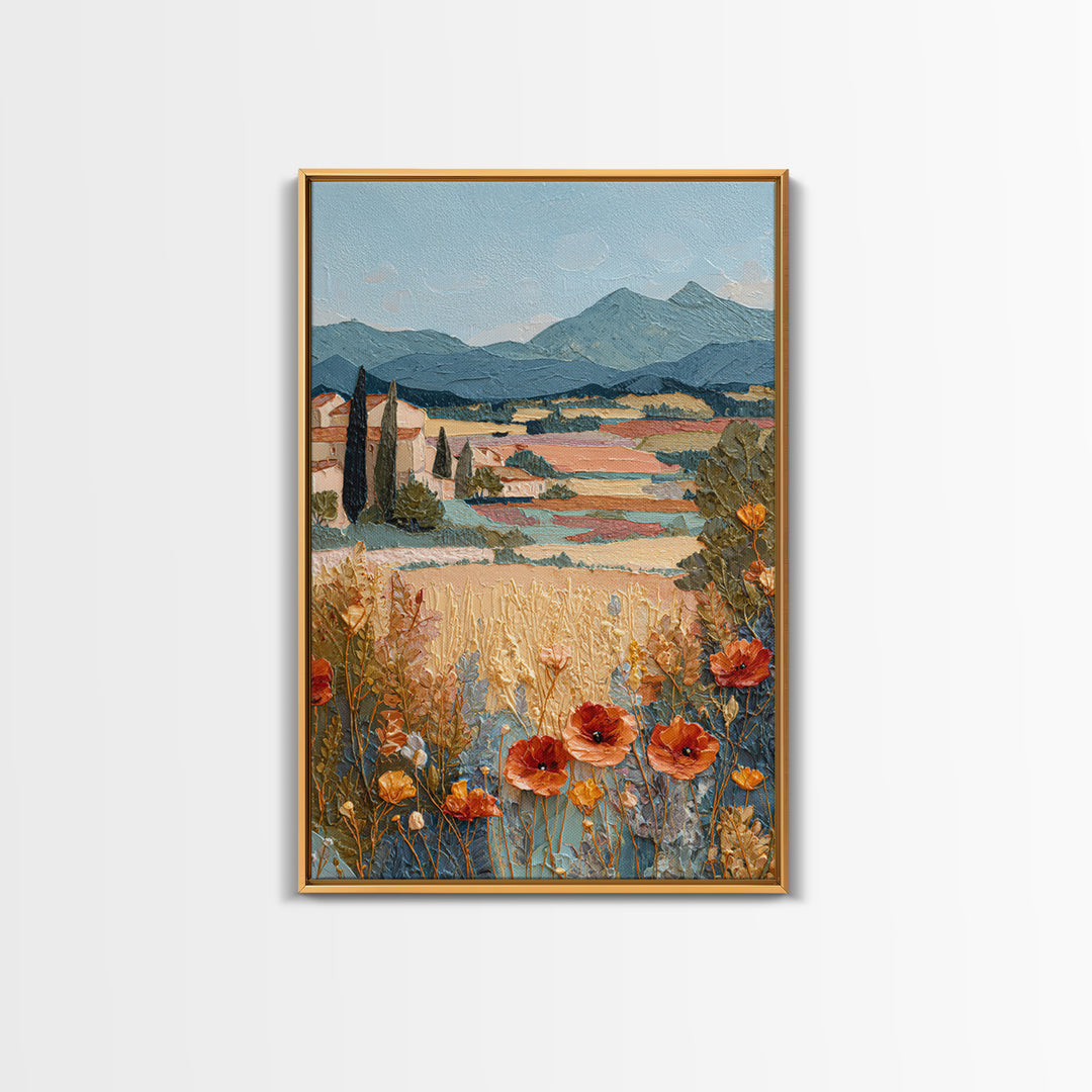 Tuscan Poppy Field Framed Canvas Print, Italian Villa Art, Travel Poster, Living Room Decor, Abstract Art, Villa, IVA-2x3-47
