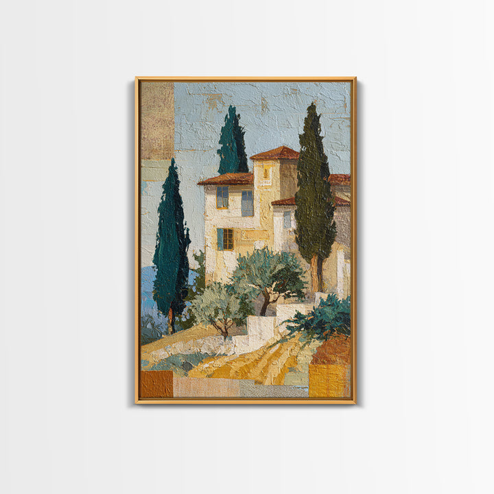 Tuscan Hillside with Cypress Trees and Golden Canvas Print, Italian Villa Art, Minimalist Decor, Living Room Decor, IVA-2x3-57