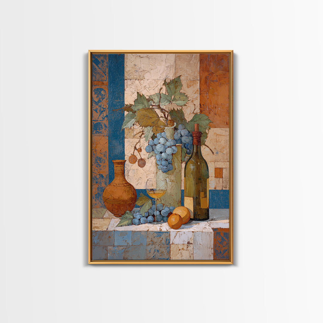 Grapevine and Wine Still Life on Linen Framed Canvas Print, Italian Villa Art, Digital Art Print, Living Room Decor, IVA-2x3-63