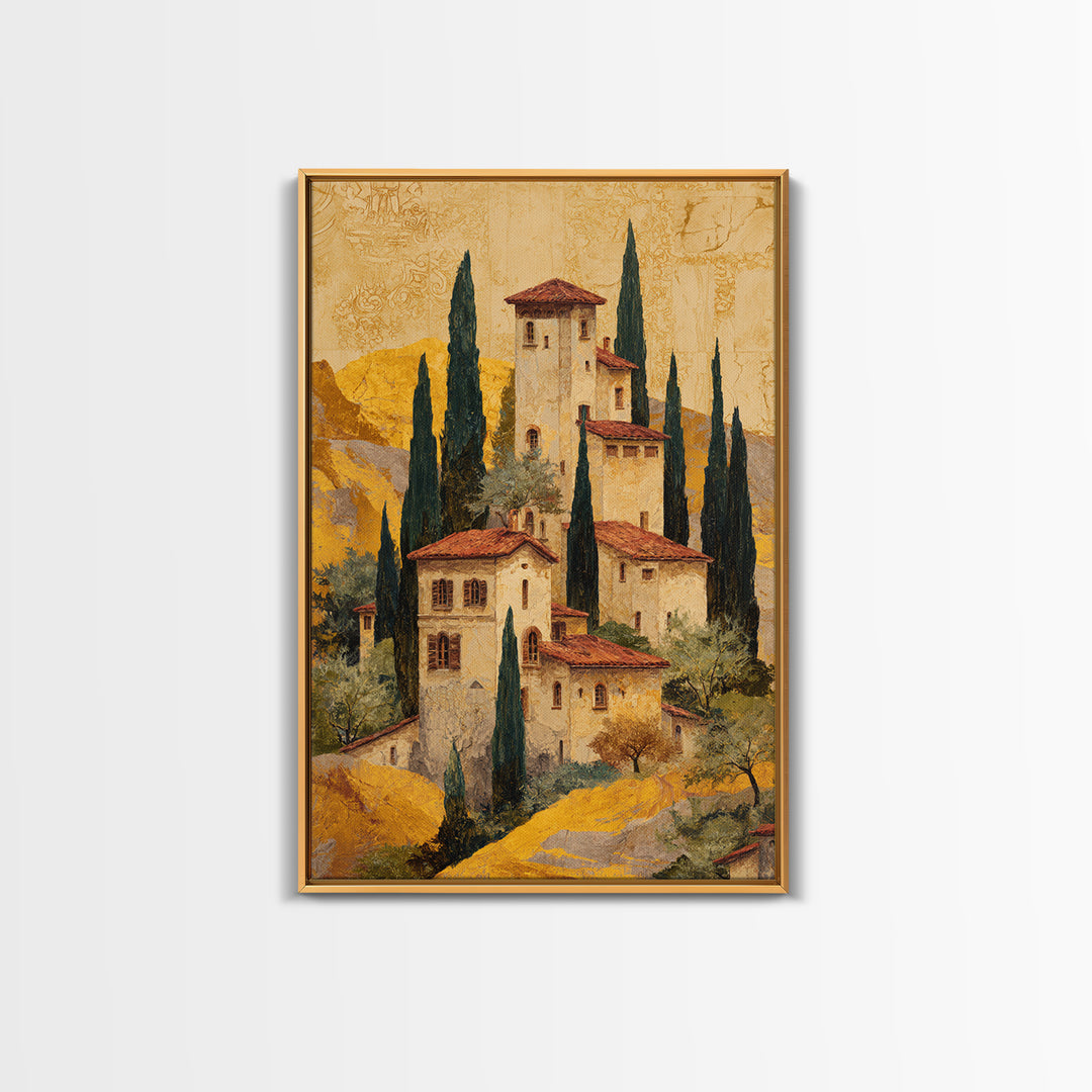 Tuscan Hillside with Cypress Trees and Golden Canvas Print, Italian Villa Art, Minimalist Decor, Living Room Decor, IVA-2x3-81