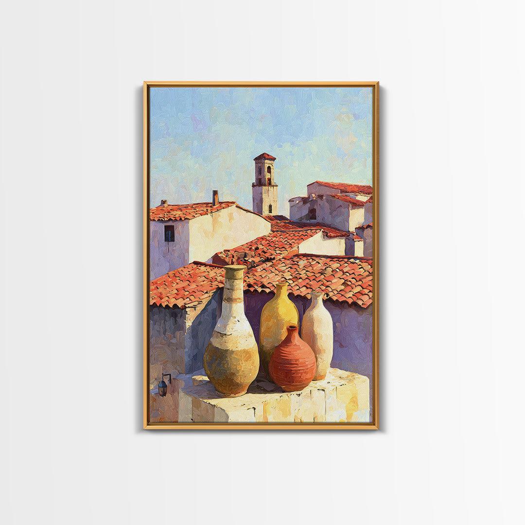 Terracotta Rooftops Against Pale Sky Framed Canvas Print, Italian Villa Art, Digital Wall Art, Living Room Decor, Villa, IVA-2x3-84