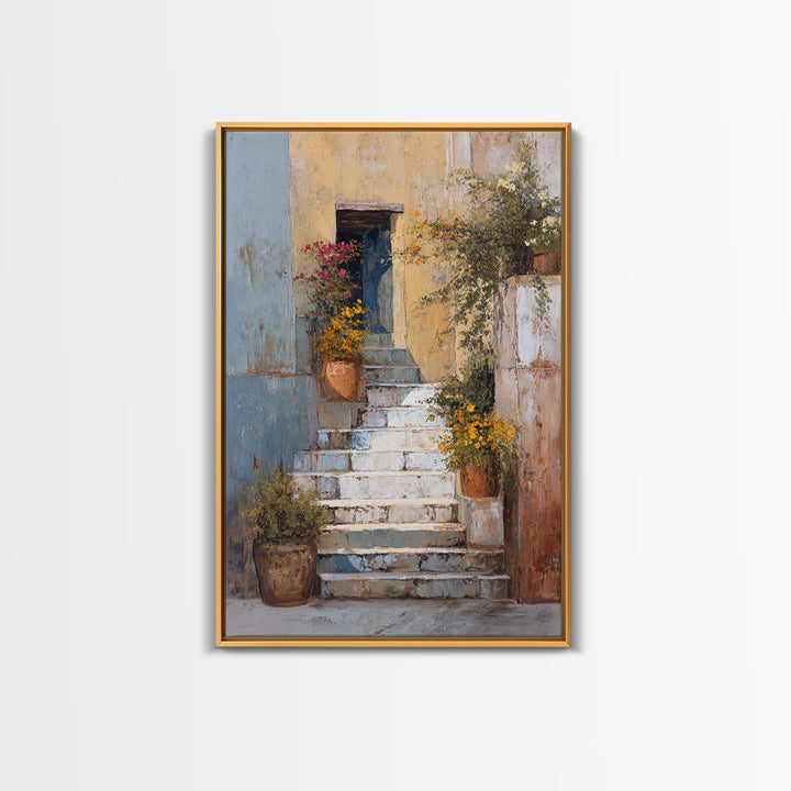 Sunlit Stone Stairway Canvas Print, Italian Villa Art, Luxury Decor, Living Room Decor, Fine Art, Villa, Framed Wall Art, IVA-2x3-91